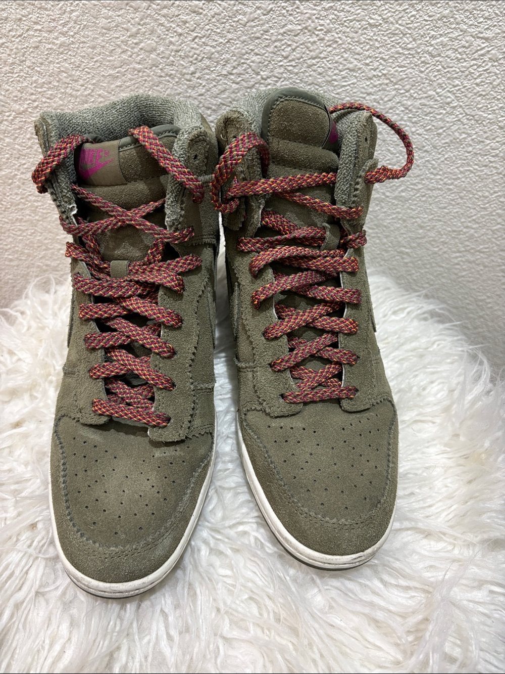 Nike Women's Olive Green Suede High-Top Sneakers with Pink-Red Laces